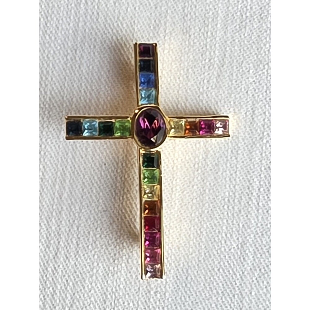 Vintage 1997 PSCO Multicolor Crystal Cross Brooch Pin Gold Tone Signed Religious